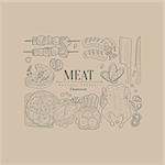 Meat, Hand drawn Vector Illustration Banner, Organic food sketch background. Vector frame design