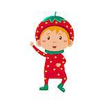 Cute Kid In Strawberry Costume. Vector Illustration