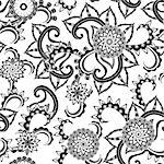 Black and white seamless pattern with stencil of flowers and other floral elements, hand drown vector artwork