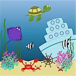 Underwater animals and fish with names cartoon educational illustration