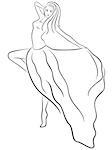 Beautiful slim woman standing on one leg and demonstrates long dress, hand drawing vector outline