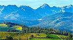 Summer mountain village outskirts and Tatra range behind (Gliczarow Gorny, Poland)