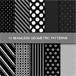 10 Dark geometric seamless patterns with circles, dots and stripes.