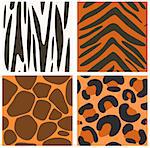 Set of vector seamless animals skins textures -  zebra; jaguar, giraffe and tiger.  Endless texture can be used for pattern fills, nature design, web page background, surface and textile textures