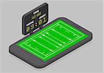 minimalistic illustration of a mobile phone in isometric view with Rugby field, online watching concept, eps10 vector