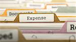 Expense Concept on File Label in Multicolor Card Index. Closeup View. Selective Focus. 3D Render.