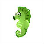 Green Seahorse Character Isolated Flat Childish Colorful Vector Icon On White Background