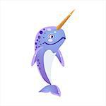 Blue Narwhal Character Isolated Flat Childish Colorful Vector Icon On White Background