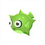 Green Puffer Fish Character Isolated Flat Childish Colorful Vector Icon On White Background