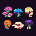 Fantastic Mushrooms Colorful Creative Flat Vector Design Collection Of Isolated Icon On Black Background