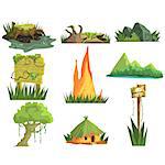 Jungle Landscape Elements  Realistic Flat Vector Illustration Set For Video Game On White Background