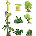 Tropical Forest Landscape Elements Realistic Flat Vector Illustration Set For Video Game On White Background