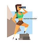 Woman Traveler Abstract Figure Flat Vector Illustration With Text