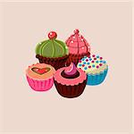 Five Cupcakes Set  Cartoon Style Flat Vector Design Illustration On White Background