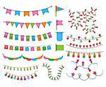 Collection OF Hand Drawn Garlands, Party Banners And Decor Elemants Isolated Flat Vector Illustrations