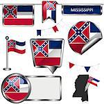 Vector glossy icons of flag of state Mississippi on white