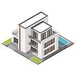 Modern three storey house with flat roof sometric icon set vector graphic