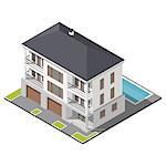 Modern three storey house with slant roof sometric icon set vector graphic