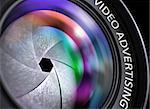Video Advertising - Concept on Camera Lens, Closeup. Video Advertising Concept. Closeup Professional Photo Lens with Pink and Orange Reflection. Black Background. 3D Illustration.