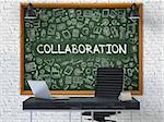 Collaboration - Handwritten Inscription by Chalk on Green Chalkboard with Doodle Icons Around. Business Concept in the Interior of a Modern Office on the White Brick Wall Background. 3D.