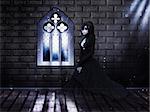 Illustration of haunted old castle interior with ghost, vampire, witch woman.