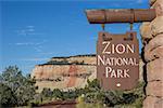 Sign at the entrance of Zion National Park, Utah, USA