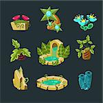 Landscpe Elements Collection For Video Game Creation In Fantasy Style Isolated Objects On Black Background