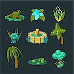 Landscape Elements Set For Video Game Creation In Fantasy Style Isolated Objects On Black Background