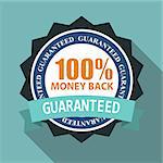 100% Money Back Quality Label Sign in Flat Modern Design with Long Shadow. Vector Illustration EPS10