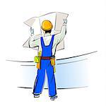 Vector illustration of a builder with blueprints