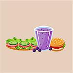 Sandwich Burger And Smoothie Cartoon Flat Vector Isolated Illustration On Pink Background