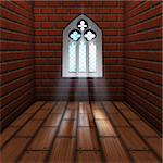 Illustration of brick wall interior with wood floor and gothic window.