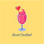 Pink Cocktail In Wine Glass  Cartoon Style Flat Vector Design Illustration With Text