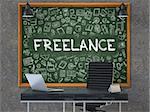 Freelance - Hand Drawn on Green Chalkboard in Modern Office Workplace. Illustration with Doodle Design Elements. 3D.