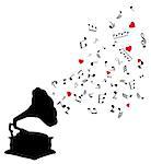 vector illustration of a retro gramophone with musical notes and hearts