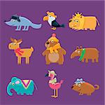 Cute Animals Collection Of Flat Vector Cartoon Style Isolated Cute Girly Drawings On Purple Background