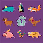 Adorable Animals Collection Of Flat Vector Cartoon Style Isolated Cute Girly Drawings On Purple Background