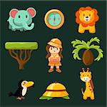 Female Jungle Explorer Collection Of Flat Vector Cartoon Style Isolated Cute Girly Drawings On Black Background