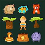 Male Jungle Explorer Collection Of Flat Vector Cartoon Style Isolated Cute Girly Drawings On Black Background