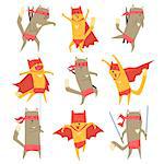 Cat Superhero Character Flat Cute Cartoon Design Vector Icon Collection On White Background