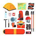 Mountain Camping Equipment Set Of Colorful Flat Isolated Vector Items On White Background