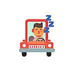 Traffic Code Sleeping Behind The Wheel Flat Isolated Vector Image In Simplified Cute Childish Style On White Background