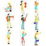 Men And Women Shopping Collection Of Funny Isolated Illustrations In Simple Geometric Style