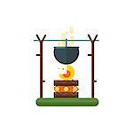 Cooking Pot On Fire Primitive Style Graphic Colorful Flat Vector Image On White Background