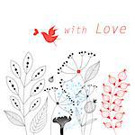 Graphic floral card with bird in love