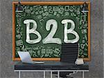 Green Chalkboard with the Text B2B - Business to Business - Hangs on the Dark Old Concrete Wall in the Interior of a Modern Office. Illustration with Doodle Style Elements. 3D.