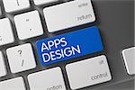 Modern Laptop Keyboard Keypad Labeled Apps Design. Apps Design Concept. White Keyboard with Apps Design on Blue Enter Button Background, Selected Focus. 3D Illustration.