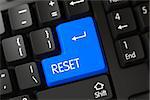 Reset on Computer Keyboard Background. PC Keyboard with the words Reset on Blue Button. Concepts of Reset, with a Reset on Blue Enter Button on Modern Laptop Keyboard. 3D.