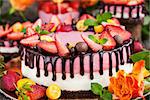 Delicious two-ply strawberry cheesecake (cake) decorated with chocolate and fresh berries