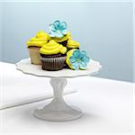 Chocolate and Vanilla Cupcakes with Yellow Icing and Blue Sugar Flowers on Cake Stand